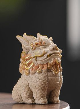 砂岩石貔貅桌面摆件办公室工位装饰桌面国潮摆件麒麟可爱
