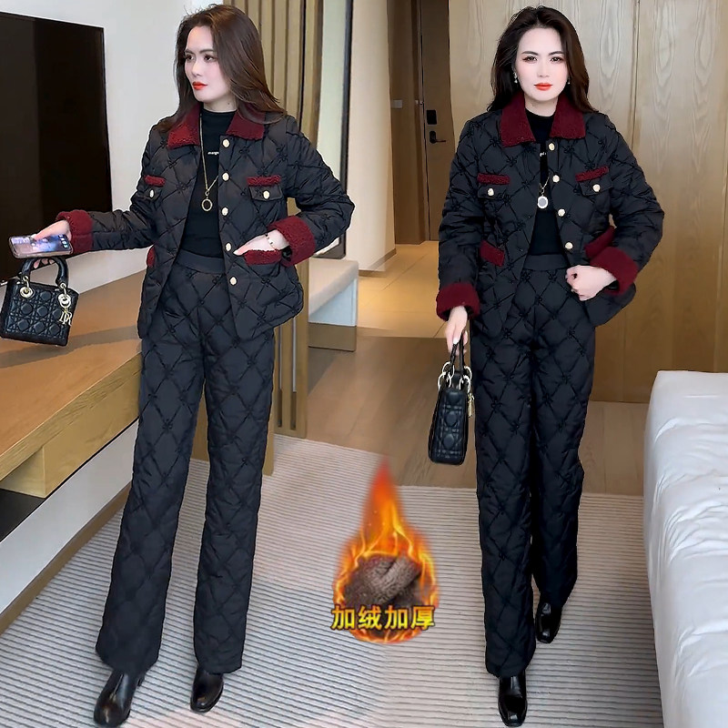 加绒加厚时尚套装女冬季洋气质小香风提花棉服外套保暖棉裤两件套,淘宝优惠券,粉丝福利购,淘宝优惠卷