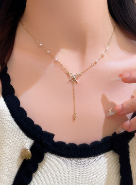 珍珠蝴蝶结流苏项链女甜美可爱夏季百搭锁骨链精致设计感颈链配饰