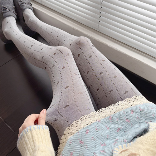 咖啡色打底裤袜女甜美爱心蝴蝶结JK奶白色丝袜秋冬款浅灰色连裤袜 - 图2