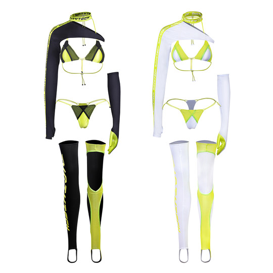 得体社流火赛车女郎二次元赛博风绑带比基尼泳衣性感踩脚袜套装