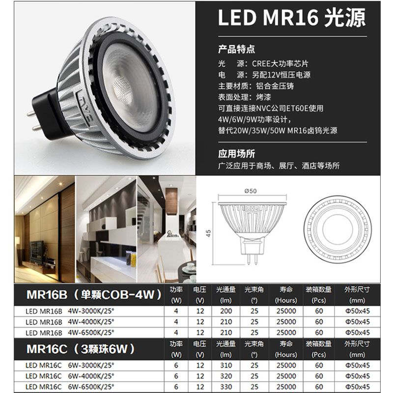 雷士照明 LED灯杯 MR16节能射灯替换led光源6/4WGU5.3节能灯泡12v - 图2