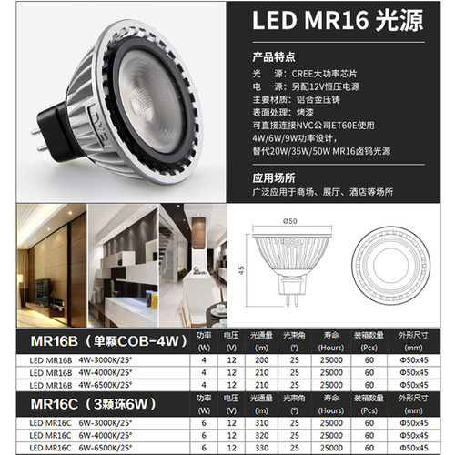 雷士照明 LED灯杯 MR16节能射灯替换led光源6/4WGU5.3节能灯泡12v - 图2