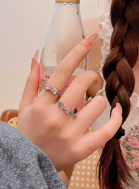 粉色双蝴蝶结锆石戒指女夏季新款食指戒甜酷小众网红开口指环