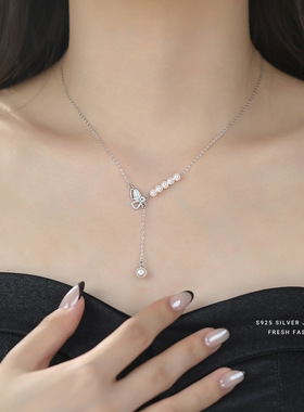 S925纯银微镶蝴蝶项链女拼接感珍珠流苏小众设计轻奢锁骨链