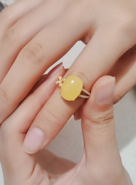 蜜蜡戒指活口老蜜琥珀蛋面戒指复古大气开口可调节