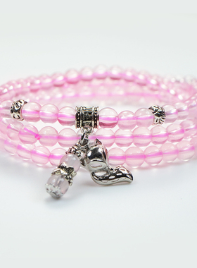 天然粉水晶狐狸吊坠甜美风佛珠