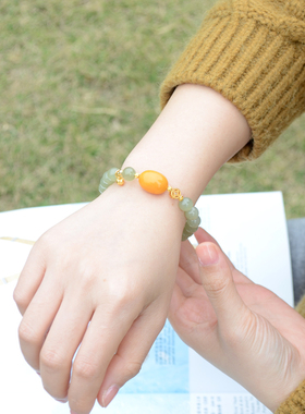 天然晴水和田玉手链鸡油黄蜜蜡手串国潮新中式生日