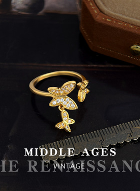 vintage轻中古风镀18k真金蝴蝶锆石戒指开口可调节时尚轻奢风手饰