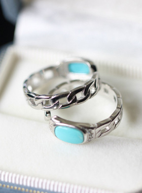 s925银镶嵌复古天然原矿湖北绿松石马鞍戒指原矿绿松泰银戒指