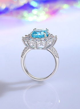 S925纯银海蓝宝戒指女轻奢高级感欧美高碳钻8克拉鸽子蛋宝石戒指