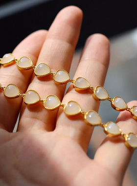 s925纯银镶和田羊脂白玉爱心手链玉质细腻通透时尚百搭手饰