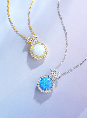 欧美蓝白欧泊圆排钻项链女S925纯银小众高级感蝴蝶锆石圆吊坠配饰