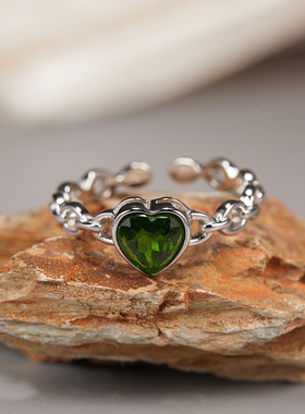 S925纯银天然托帕石石榴石透辉石紫水晶彩宝爱心戒指女小红书