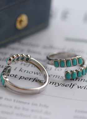 时尚几何形天然原矿湖北绿松石戒指s925银天然蓝松石开口戒指