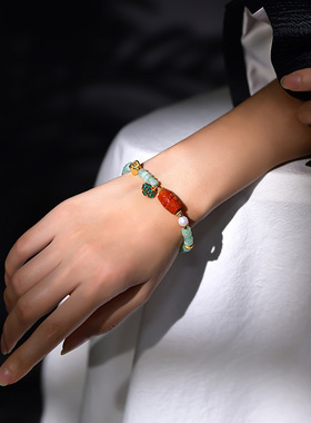 串珠手链女设计感S925纯银平安锁镶嵌南红回纹珠文玩手串