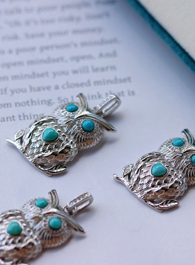 天然原矿湖北绿松石英明神武吊坠s925银猫头鹰蓝松石百搭T恤项链