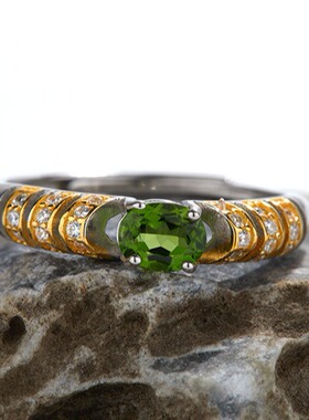 轻奢感天然透辉石戒指s925银镶嵌开口食指戒指女彩宝指环