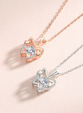 原创S925纯银灵动项链蝴蝶吊坠莫桑跳动的心锁骨链网红女首饰品