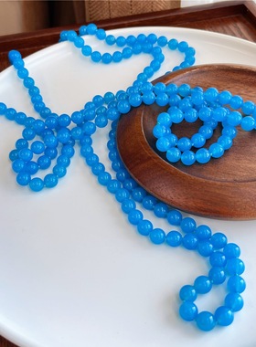 180厘米颗颗打结天然蓝色妖姬蓝玉髓长款毛衣链简约圆珠多层链