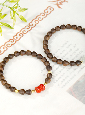 天然沉水级锥形奇楠沉香手串并蒂莲珠手链女生和田玉葫芦手饰