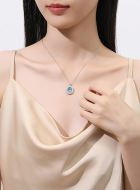 S925纯银海蓝宝项链女时尚高级8A锆石高碳钻碎花切宝石吊坠锁骨链