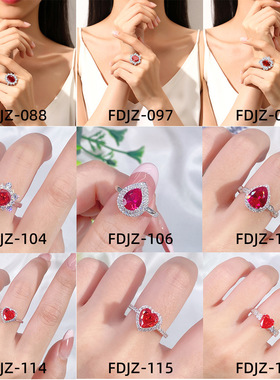 红宝石鸽血红戒指复古T方钻S925银高碳钻冰花切高级感女彩宝时尚