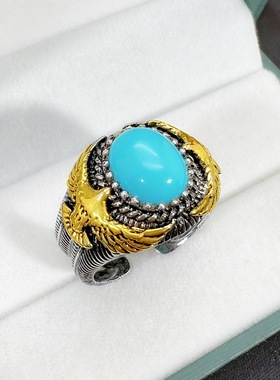 气质印第安个性绿松石宝石开口羽毛戒指潮流复古泰银黑飞鹰戒指