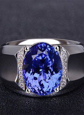 新款时尚镀18K铂金镶嵌天然钻石彩色蓝宝石戒指坦桑石戒指