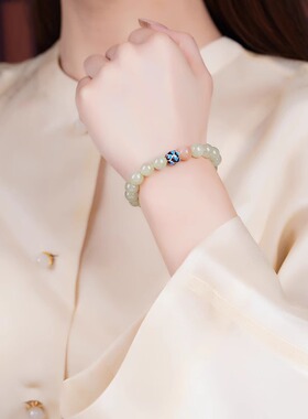 天然晴水和田玉手链本命年景泰蓝莲花手串女太阳石珠新年手饰