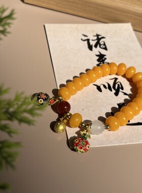 鸡油黄菩提根手串玉化黄色菩提吞金兽单圈手链一家三口情侣饰品