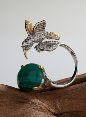 S925纯银镶天然孔雀石彩宝戒指女时尚个性潮款飞鸟设计爆款