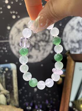 【天青垂水】天然绿草莓晶白水晶方糖手串小清新白水晶平安扣素雅
