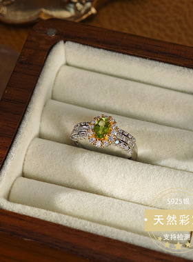 天然橄榄石戒指女纯银宝石戒指电商