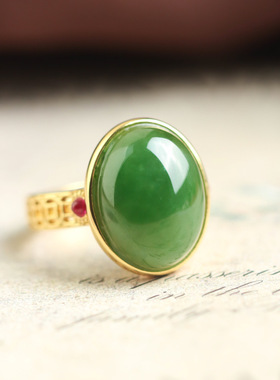 通体S925纯银镀金天然和田玉碧玉蛋面戒指铜钱国风气质开口女指环
