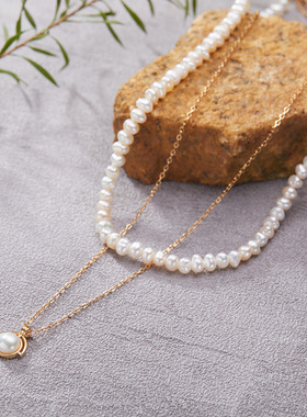 S925纯银天然红玛瑙虎眼珍珠毛衣项链双层叠带锁骨链新年纳财祥瑞