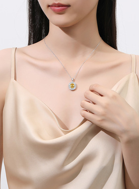 原创新款S925纯银豪华欧美项链女8A碎花锆石鹅黄色高碳钻锁骨链