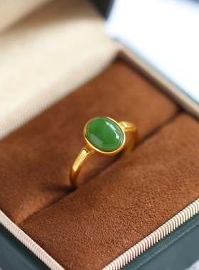 天然和田玉碧玉阳绿蛋面戒指s925银戒指和田玉碧玉指环直播供应链