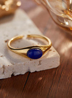 小红书抖音极简个性设计S925纯银镶天然红玛瑙青金彩宝戒指女