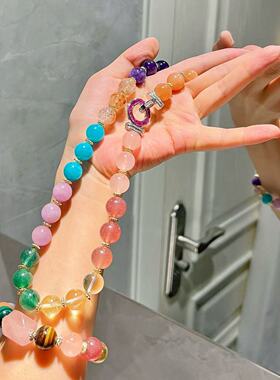 12mm天然紫水晶柠檬黄粉晶紫锂辉天河石虎眼石多宝手链