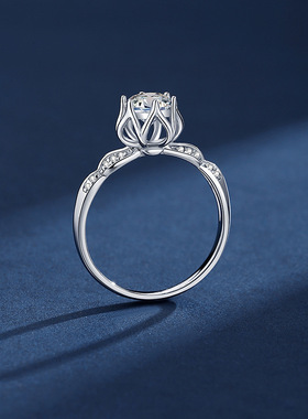 新款莲花戒指女S925银轻奢气质1克拉莫桑石指环跨境热销手饰