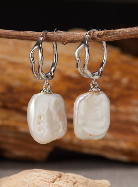 欧美爆款S925纯银镶天然巴洛克珍珠耳钉耳环女个性夸张耳饰