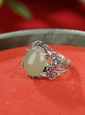 通体纯银S925纯银和田玉戒指复古做旧镂空蝴蝶花朵气质女士银指环