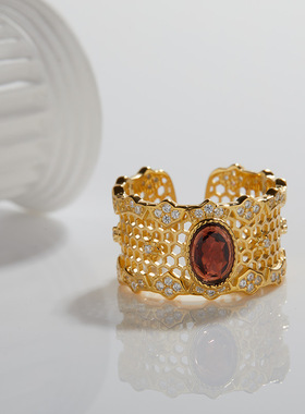 欧美复古镂空爆款S925纯银镶天然石榴石托帕石彩宝戒指男女款