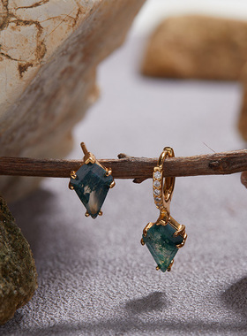 高级清冷感S925纯银天然水草玛瑙耳钉耳环个性简约时尚耳饰不掉色