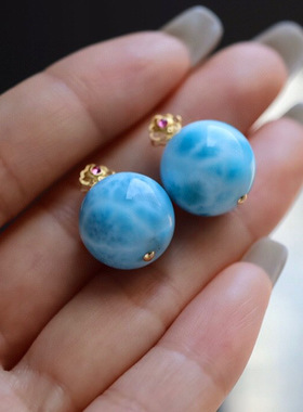 天然海纹石14mm圆珠拉利玛吊坠精镶金扣百搭金吊坠