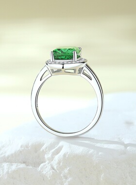 祖母绿色高碳钻冰花切戒指S925纯银围镶闪钻小众轻奢欧美风女手饰