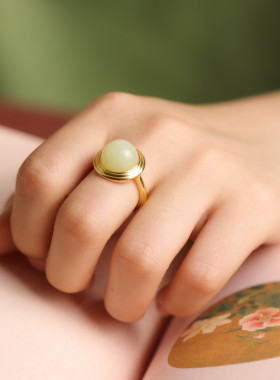 通体S925纯银镀金天然黄口和田玉圆形戒指气质大方创意简约女指环