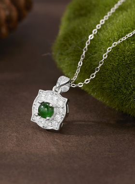 欧美风方包项链女s925纯银镶嵌天然碧玉小方糖颈饰锁骨链