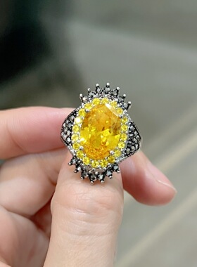 时尚民族风银复古泰银黄钻大宝石戒指指环黄石榴石夸张黑矿石戒指